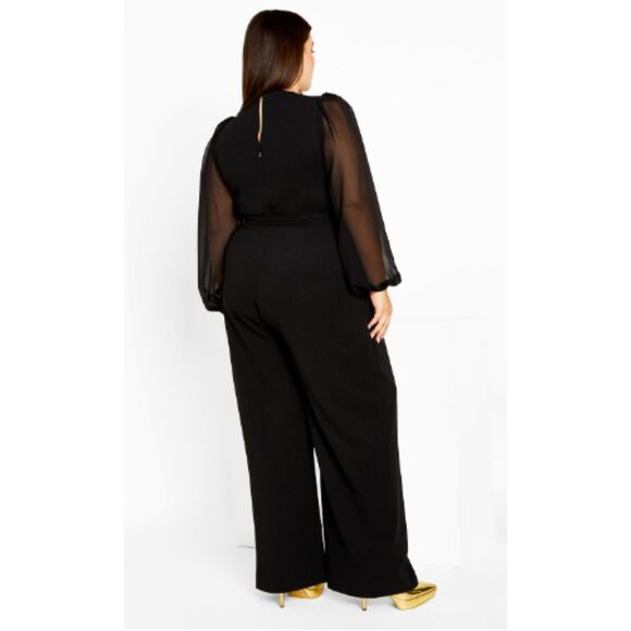 City Chic Jumpsuit Black 22 Black Wrap Wide Leg V Neck Belted Semi Formal Romper - Picture 2 of 5